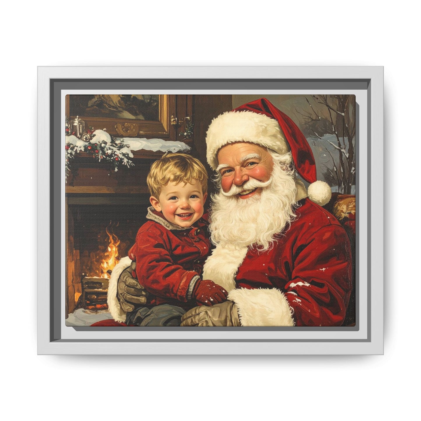 Vintage Santa with Little Boy - Framed Canvas
