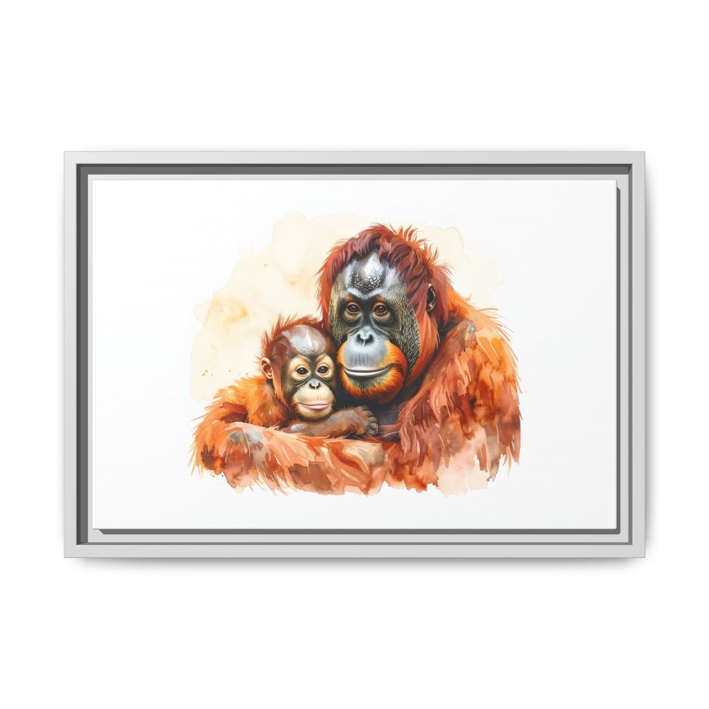 Orangutan and Baby Watercolor - Framed Canvas