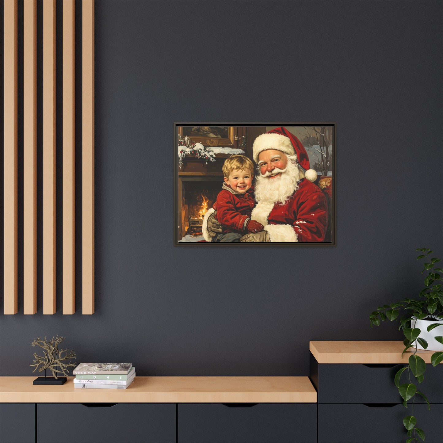 Vintage Santa with Little Boy - Framed Canvas