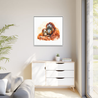 Orangutan and Baby Watercolor - Framed Canvas