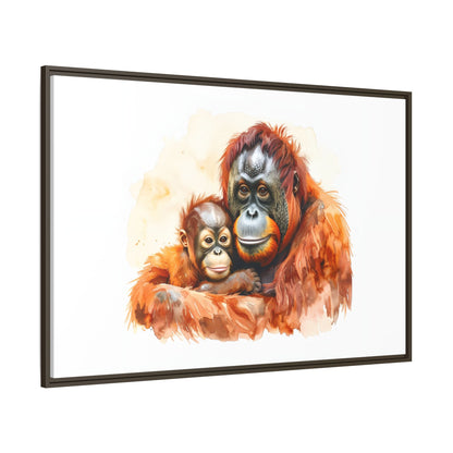 Orangutan and Baby Watercolor - Framed Canvas