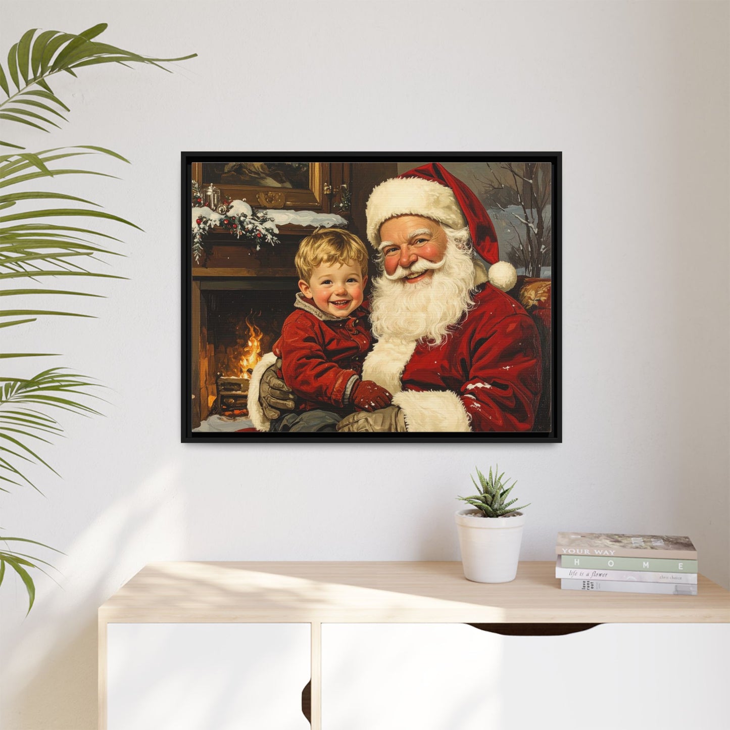 Vintage Santa with Little Boy - Framed Canvas