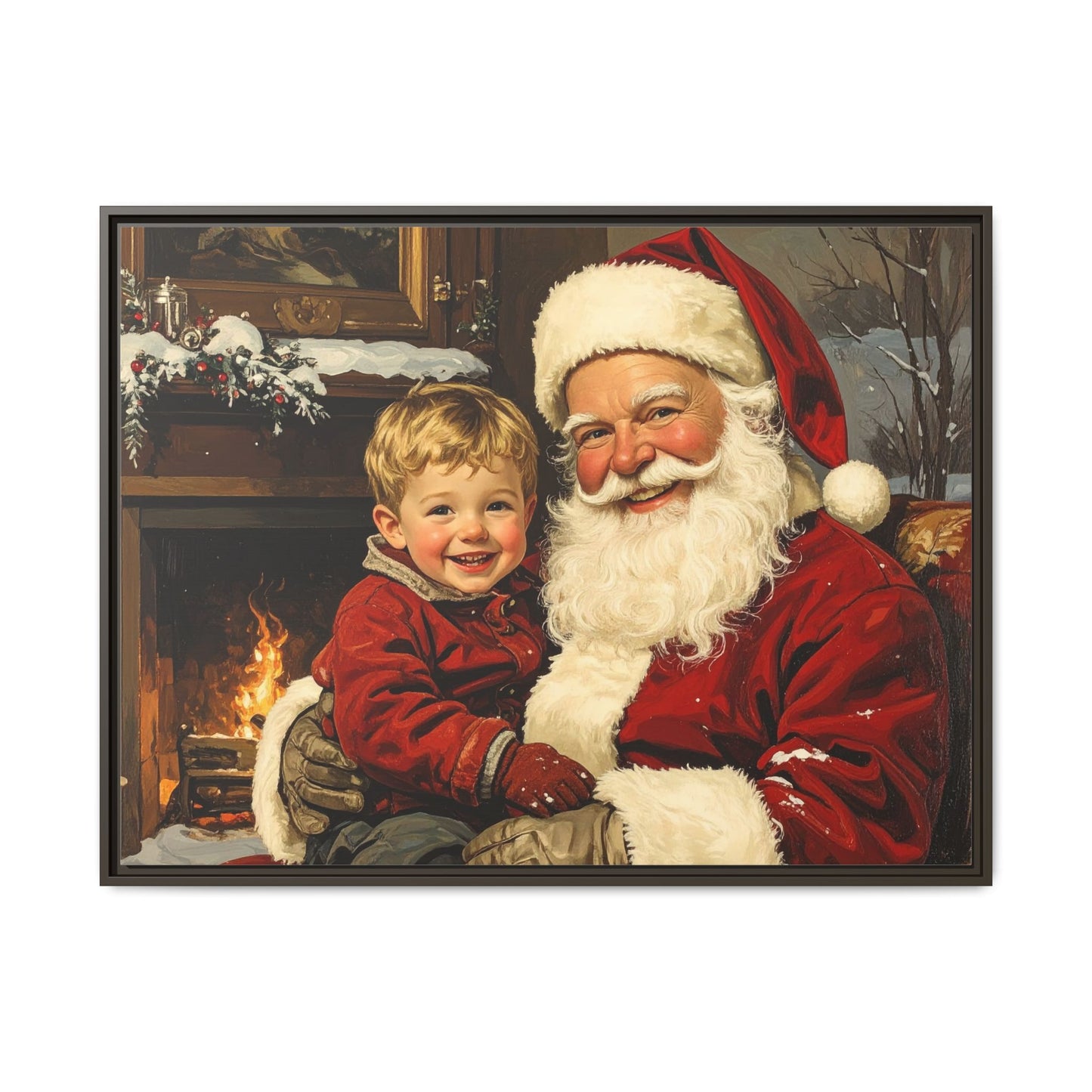 Vintage Santa with Little Boy - Framed Canvas