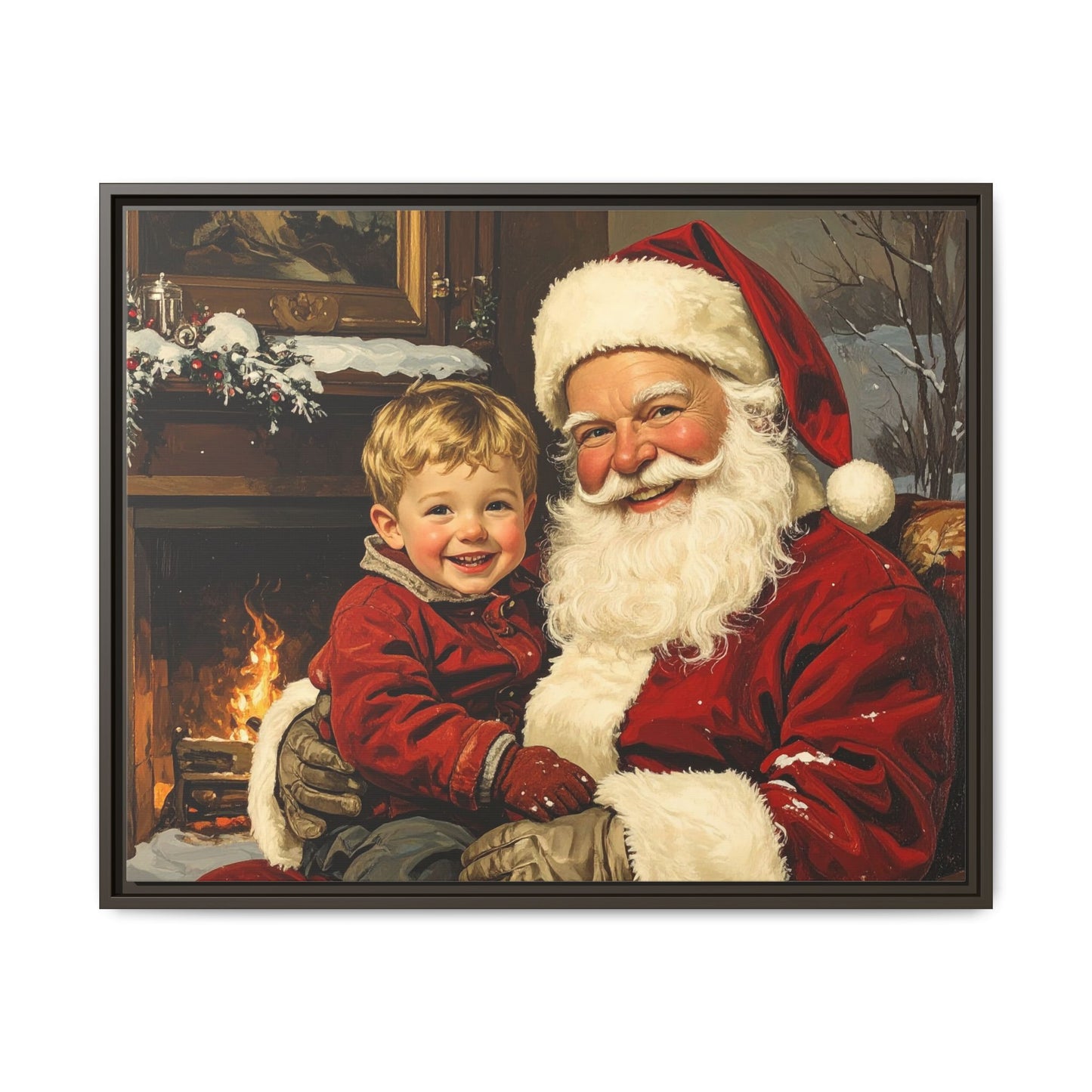 Vintage Santa with Little Boy - Framed Canvas