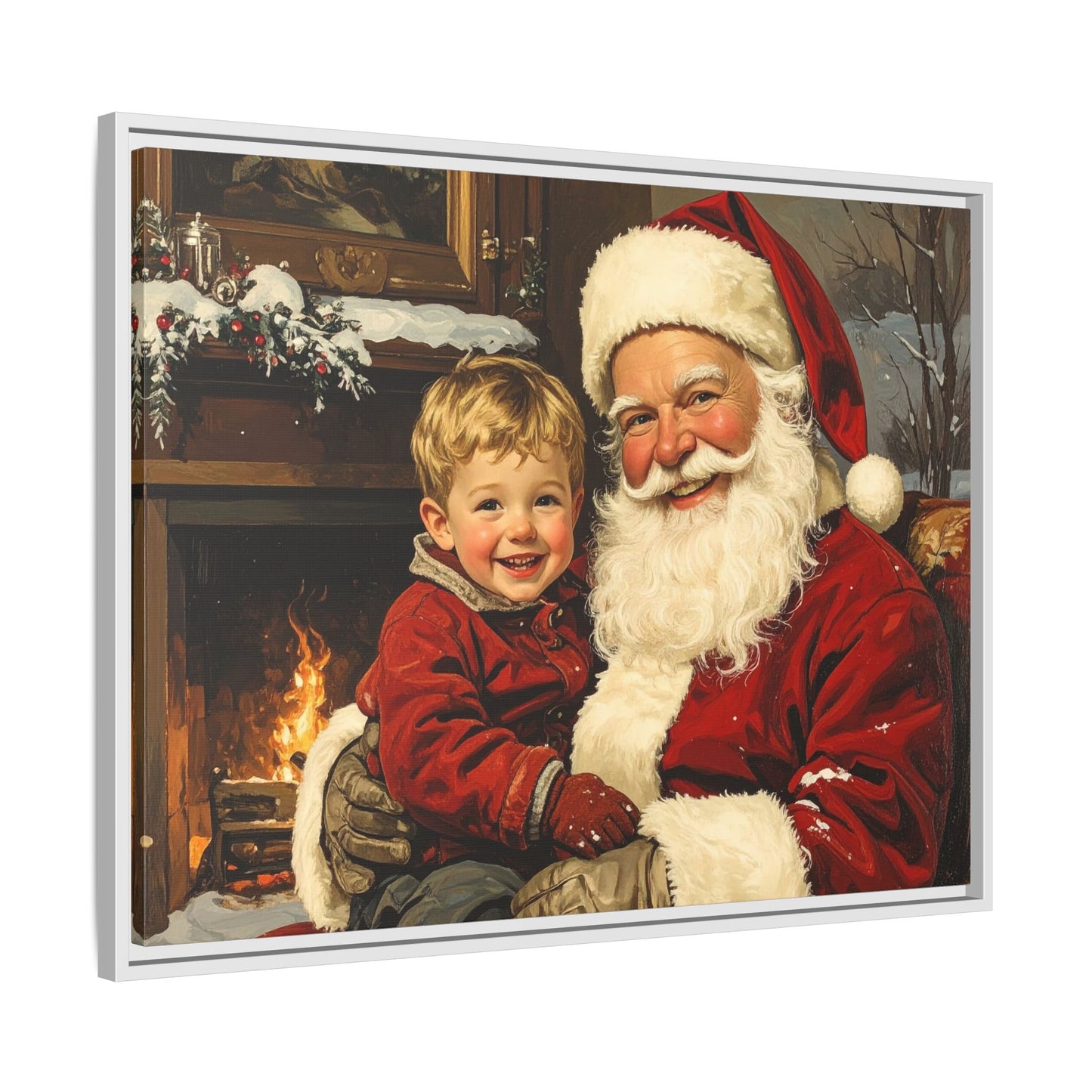 Vintage Santa with Little Boy - Framed Canvas