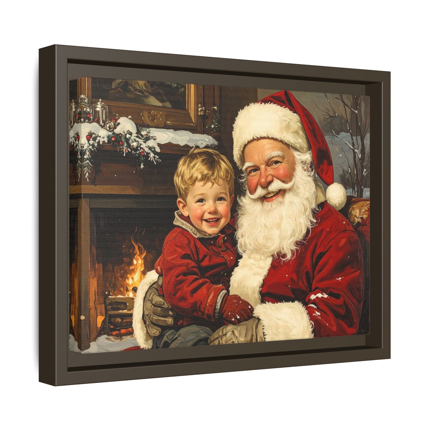 Vintage Santa with Little Boy - Framed Canvas