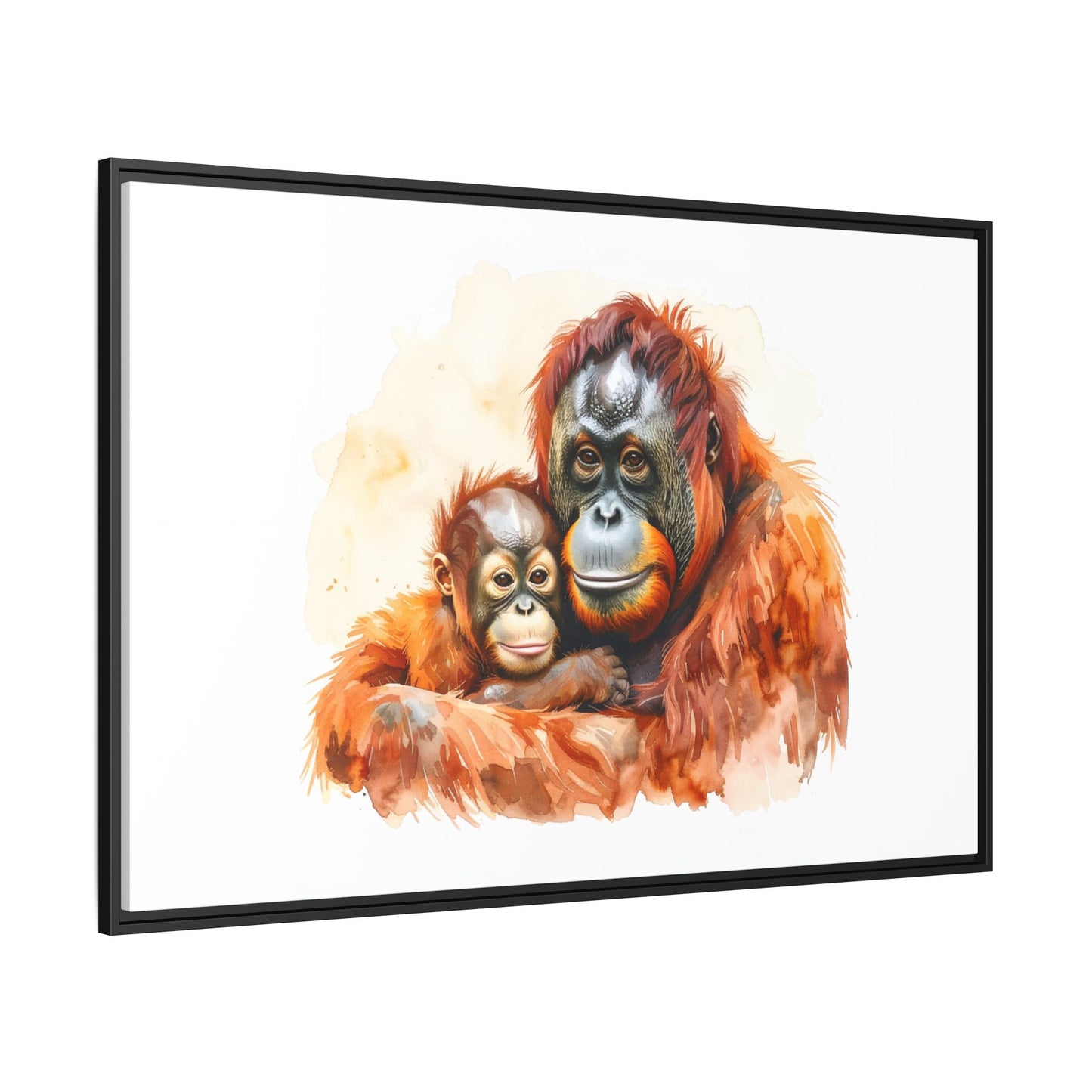 Orangutan and Baby Watercolor - Framed Canvas