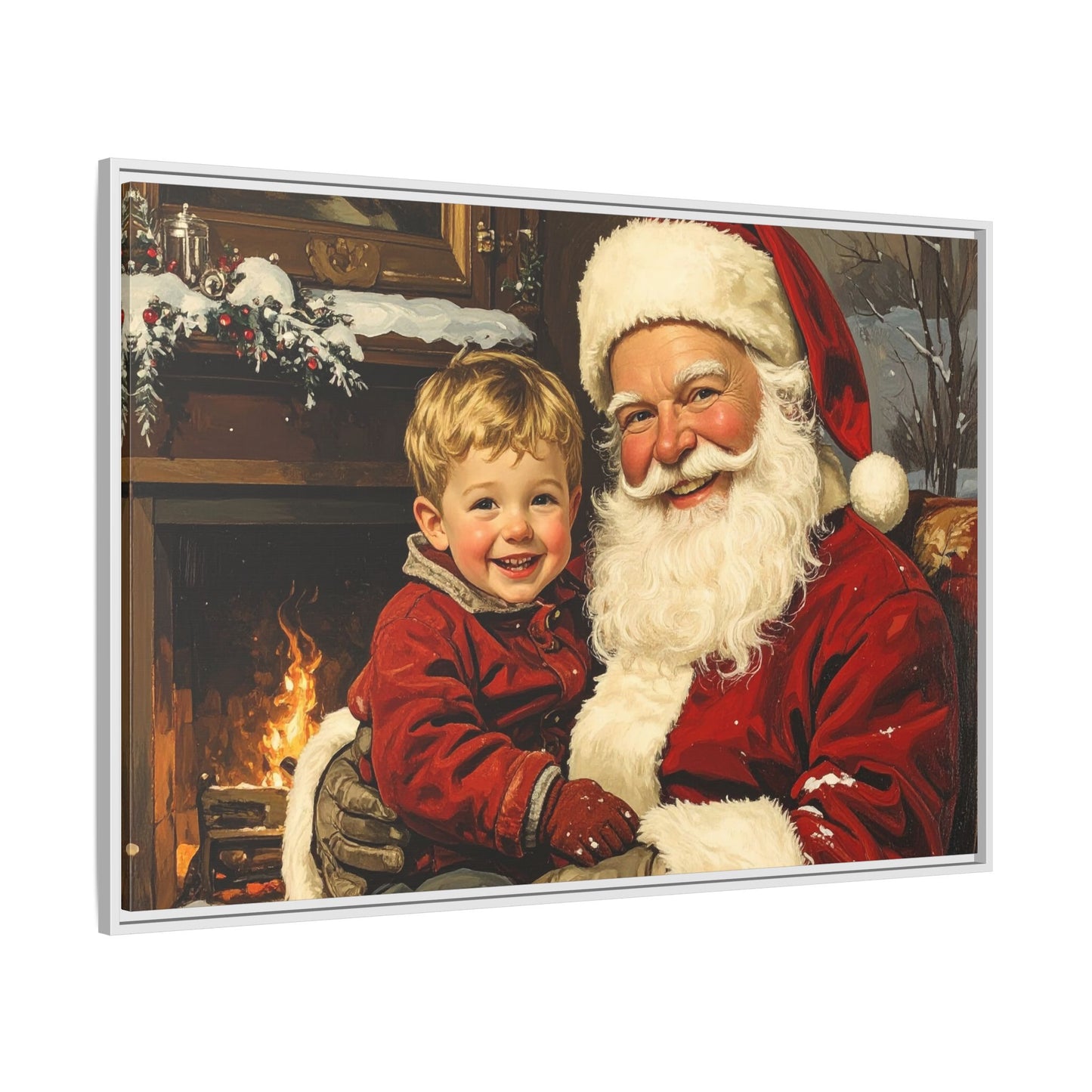 Vintage Santa with Little Boy - Framed Canvas