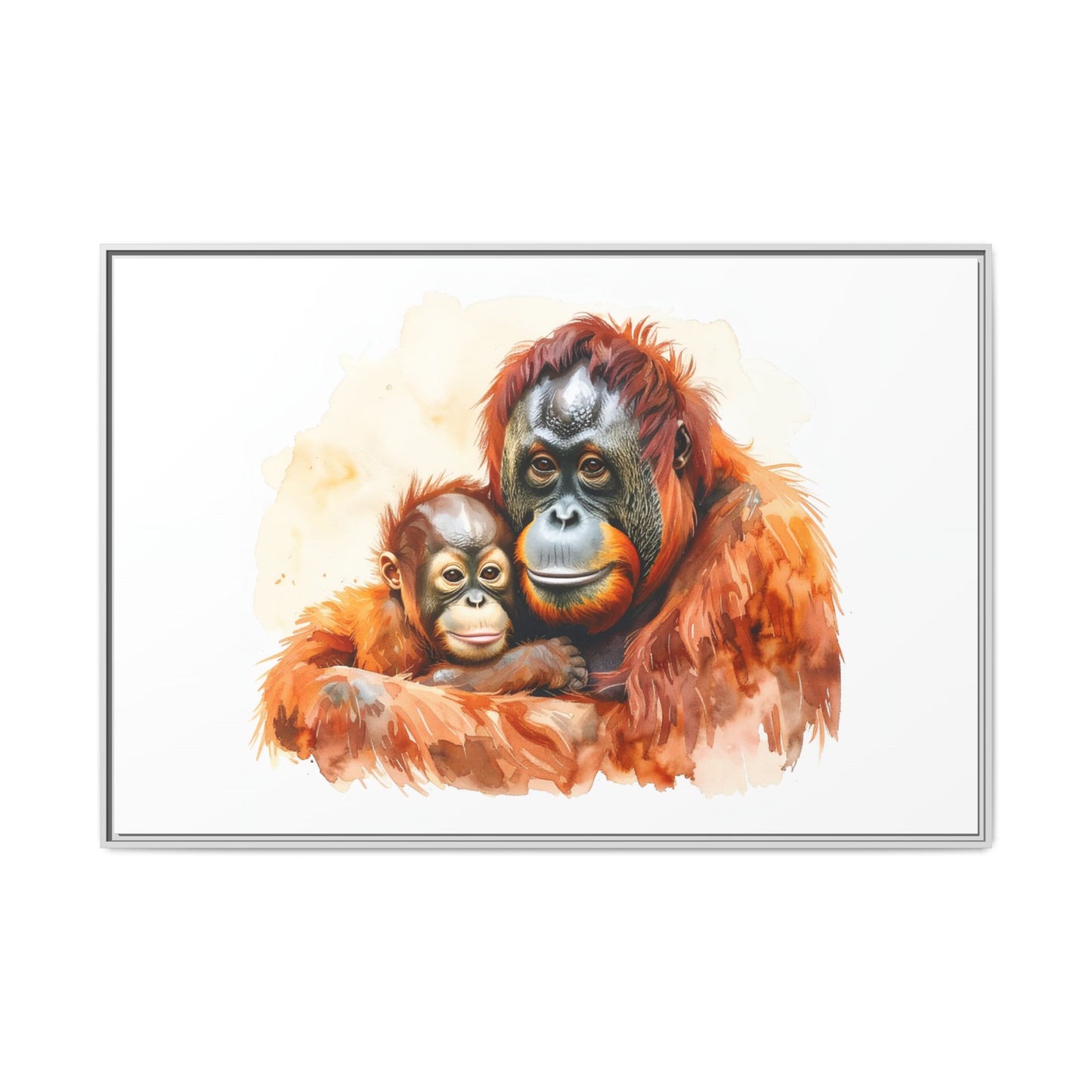 Orangutan and Baby Watercolor - Framed Canvas