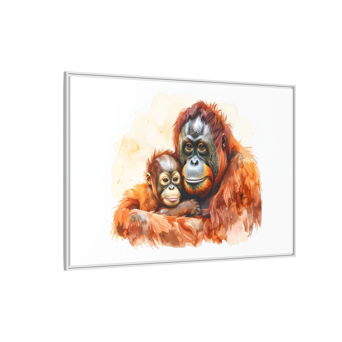 Orangutan and Baby Watercolor - Framed Canvas