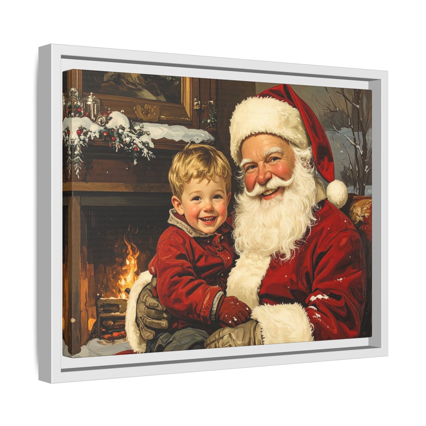 Vintage Santa with Little Boy - Framed Canvas