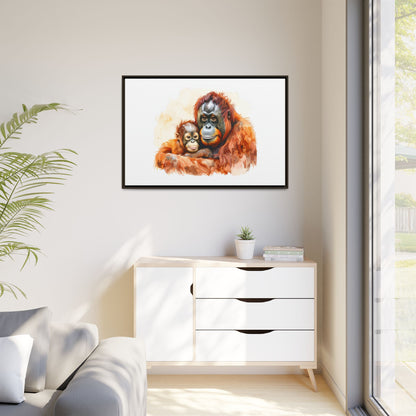 Orangutan and Baby Watercolor - Framed Canvas