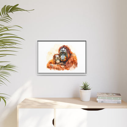 Orangutan and Baby Watercolor - Framed Canvas