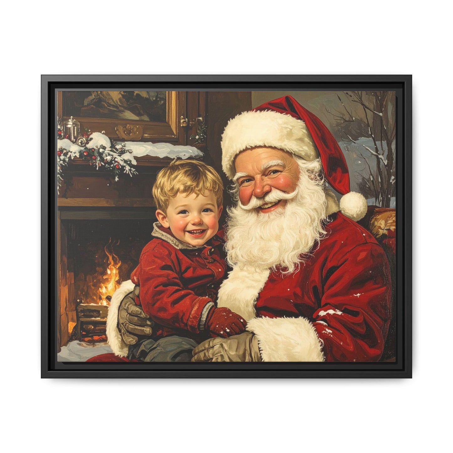 Vintage Santa with Little Boy - Framed Canvas