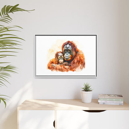 Orangutan and Baby Watercolor - Framed Canvas