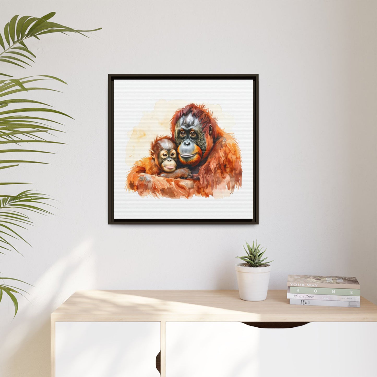 Orangutan and Baby Watercolor - Framed Canvas