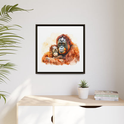 Orangutan and Baby Watercolor - Framed Canvas