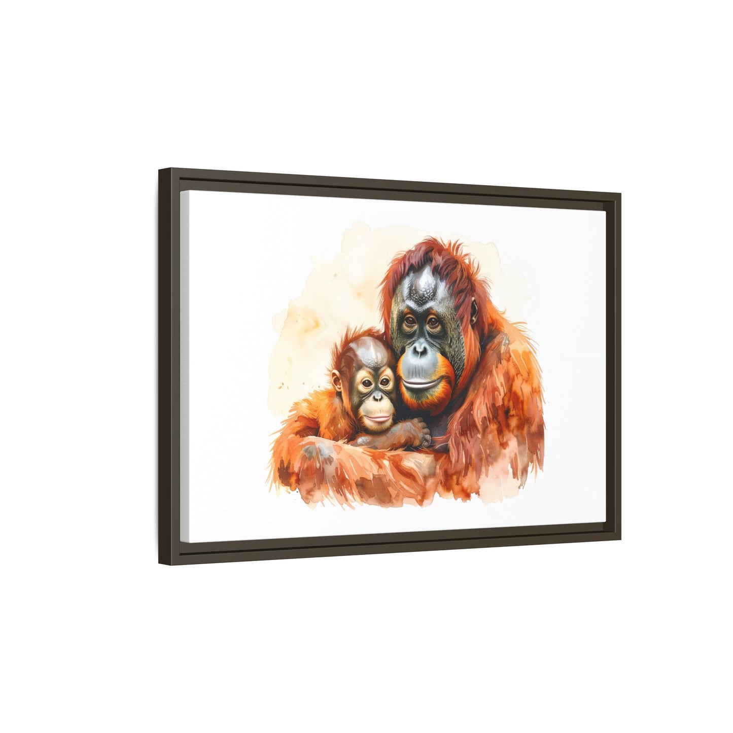 Orangutan and Baby Watercolor - Framed Canvas