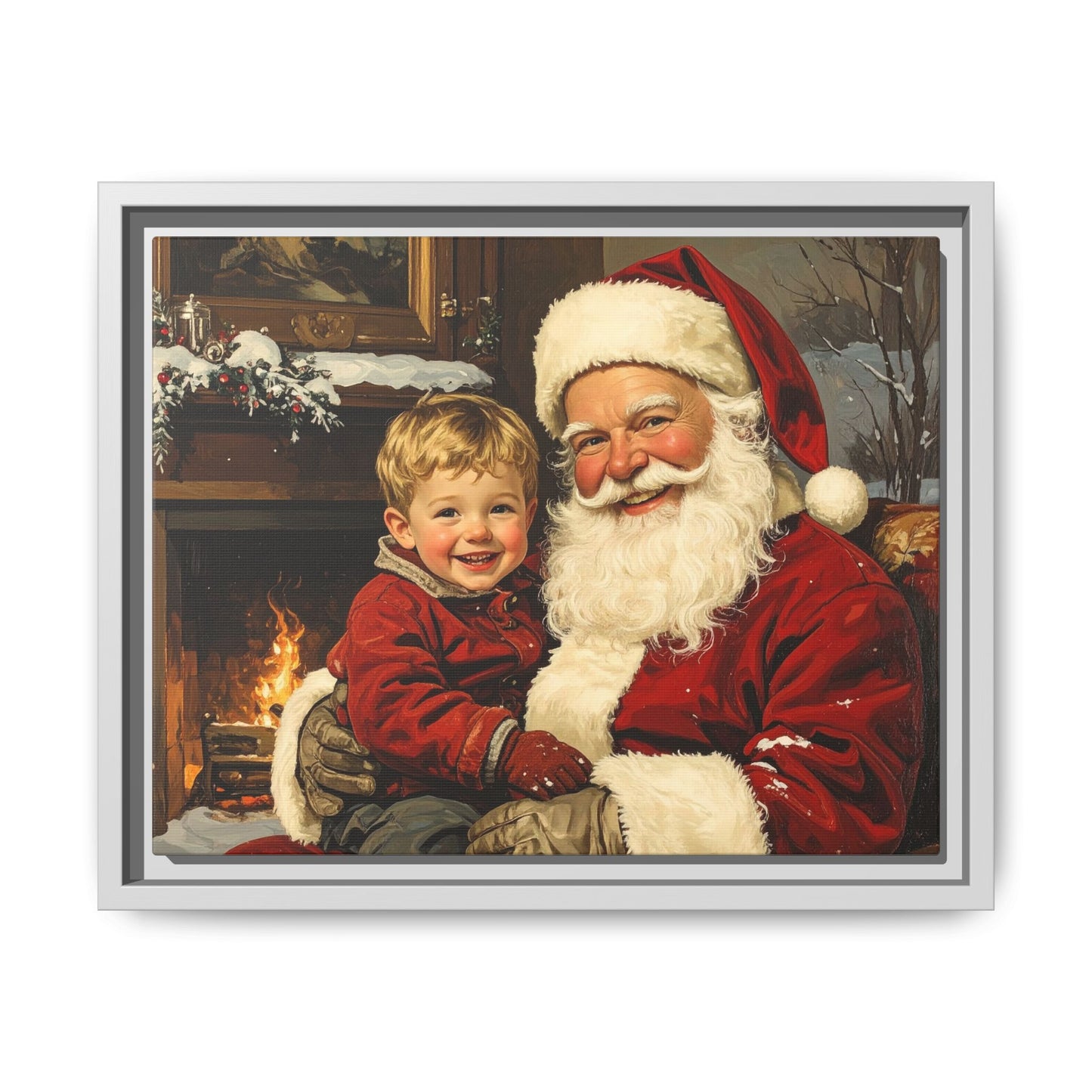 Vintage Santa with Little Boy - Framed Canvas