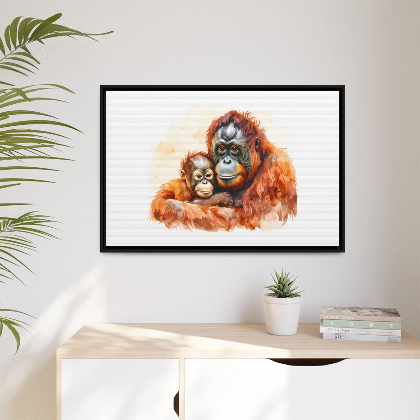 Orangutan and Baby Watercolor - Framed Canvas