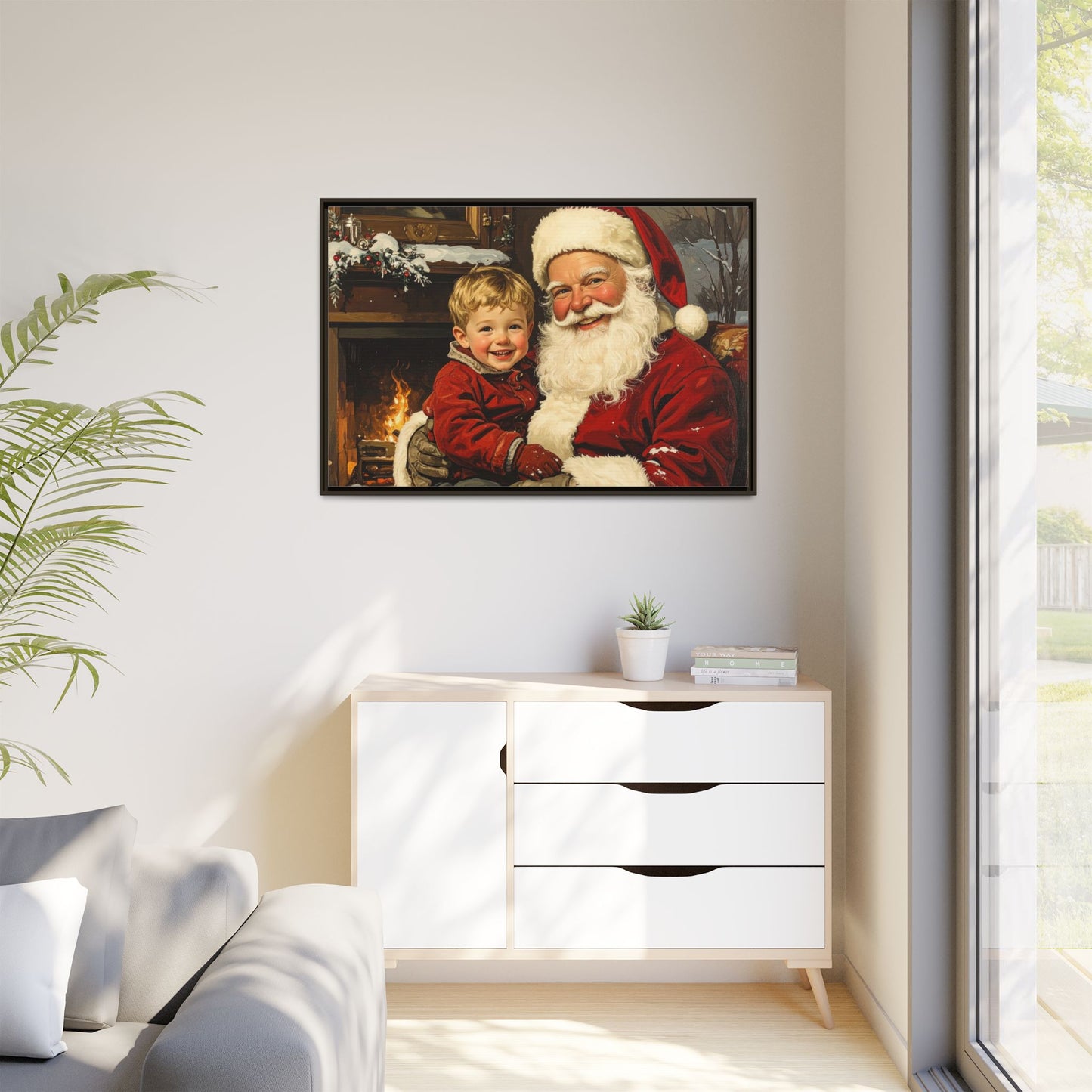 Vintage Santa with Little Boy - Framed Canvas