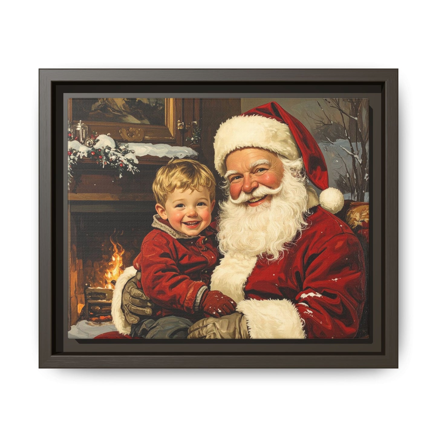 Vintage Santa with Little Boy - Framed Canvas