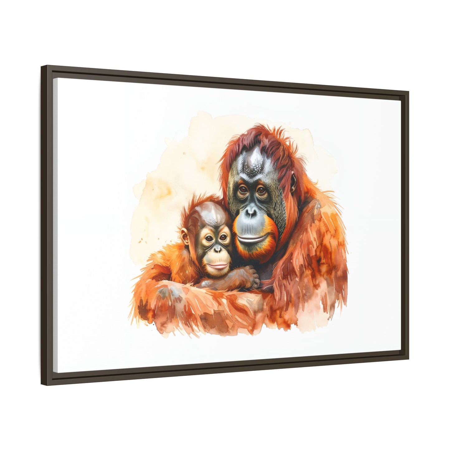 Orangutan and Baby Watercolor - Framed Canvas