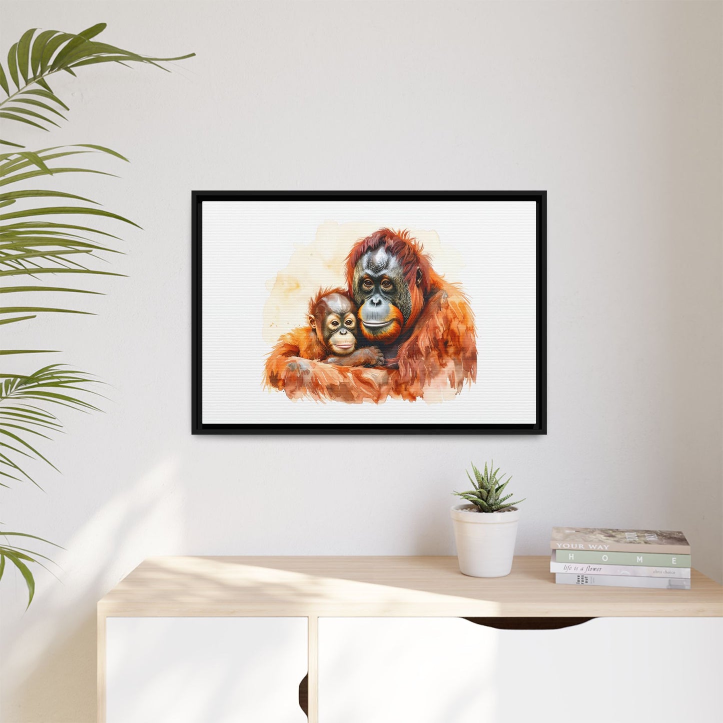 Orangutan and Baby Watercolor - Framed Canvas