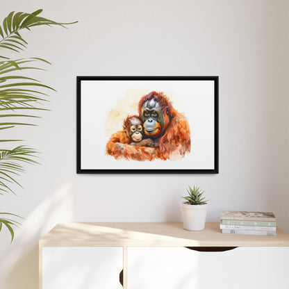 Orangutan and Baby Watercolor - Framed Canvas