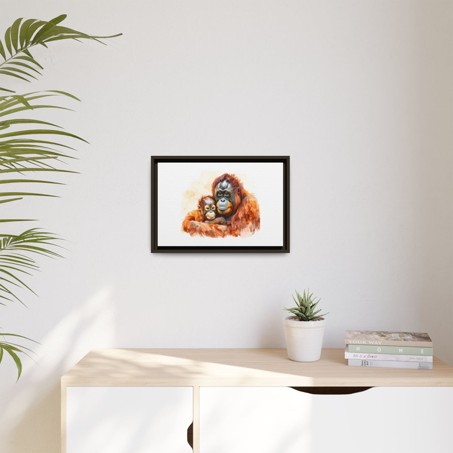 Orangutan and Baby Watercolor - Framed Canvas