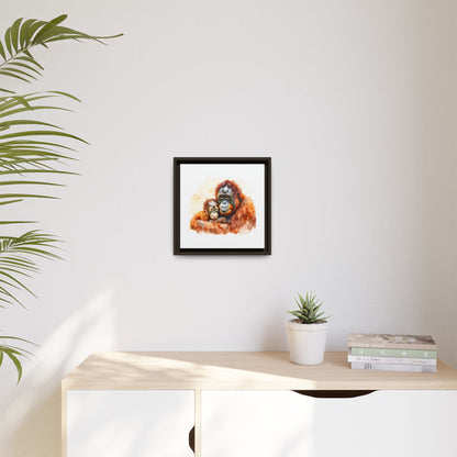 Orangutan and Baby Watercolor - Framed Canvas