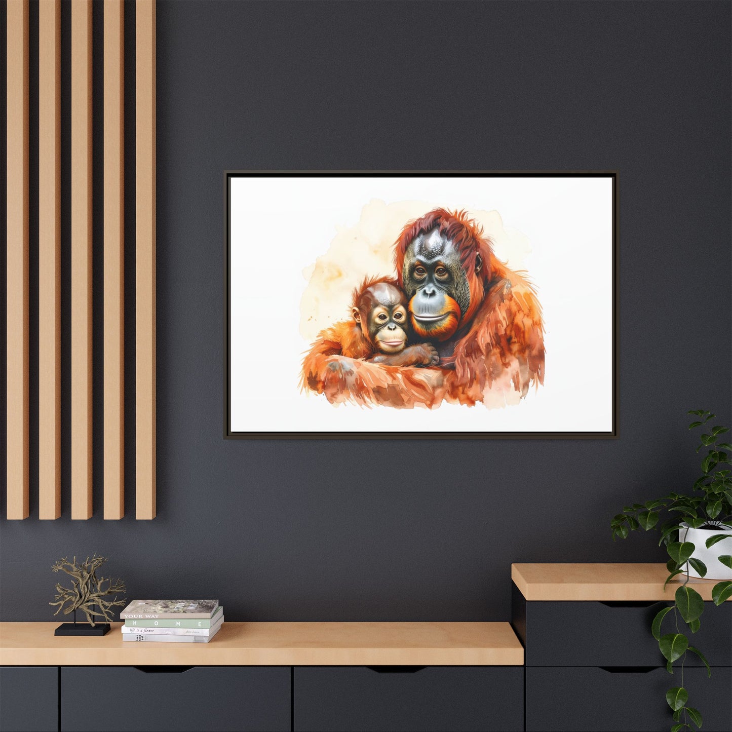 Orangutan and Baby Watercolor - Framed Canvas