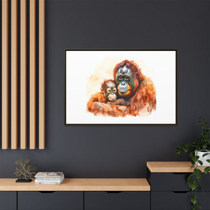 Orangutan and Baby Watercolor - Framed Canvas