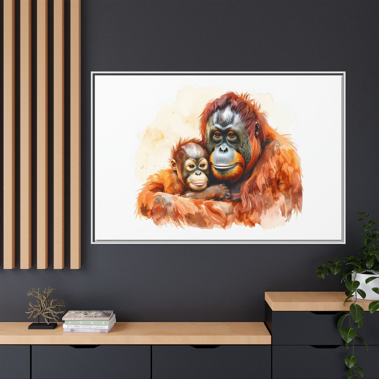 Orangutan and Baby Watercolor - Framed Canvas