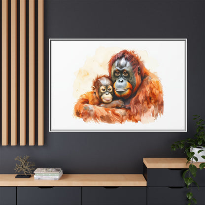 Orangutan and Baby Watercolor - Framed Canvas