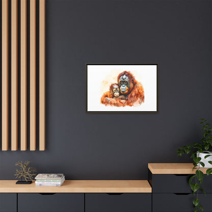 Orangutan and Baby Watercolor - Framed Canvas