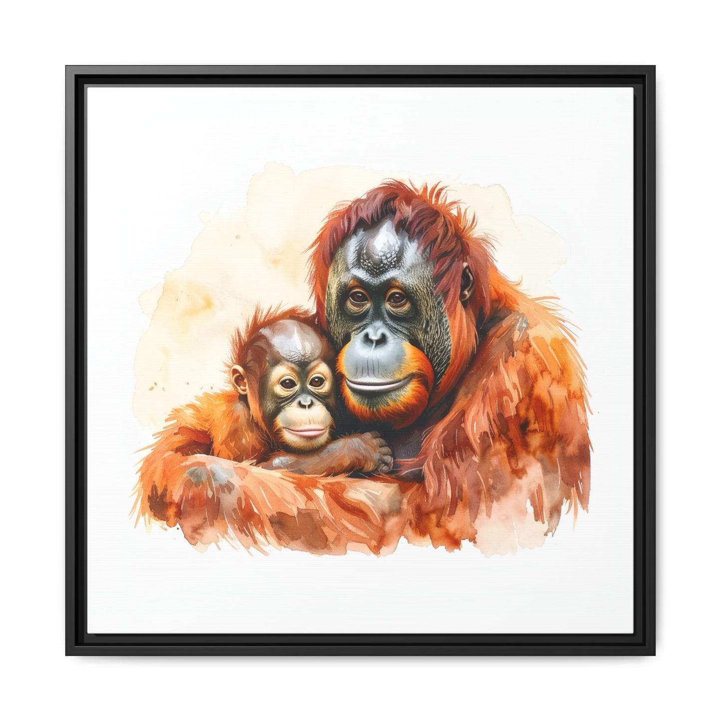 Orangutan and Baby Watercolor - Framed Canvas