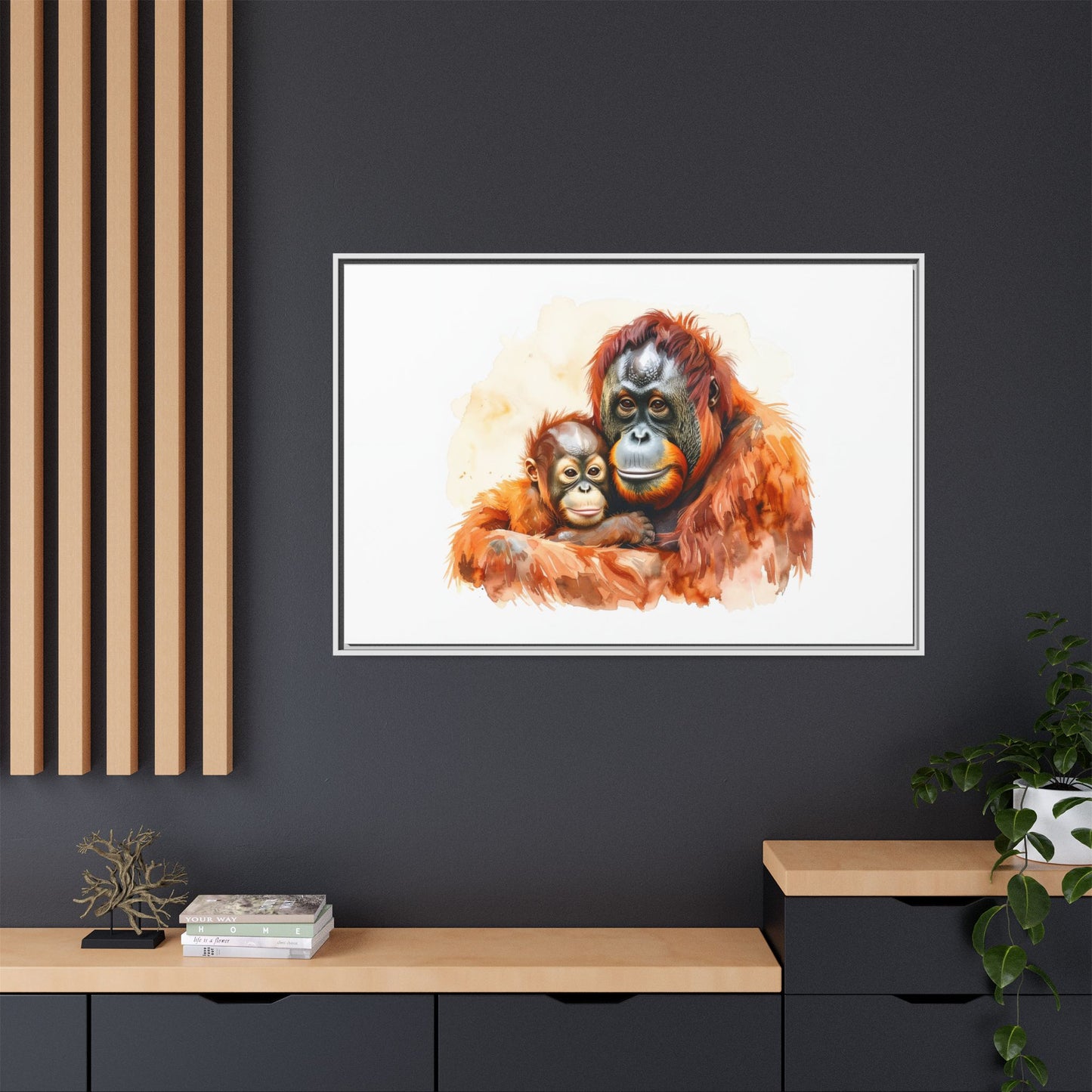 Orangutan and Baby Watercolor - Framed Canvas