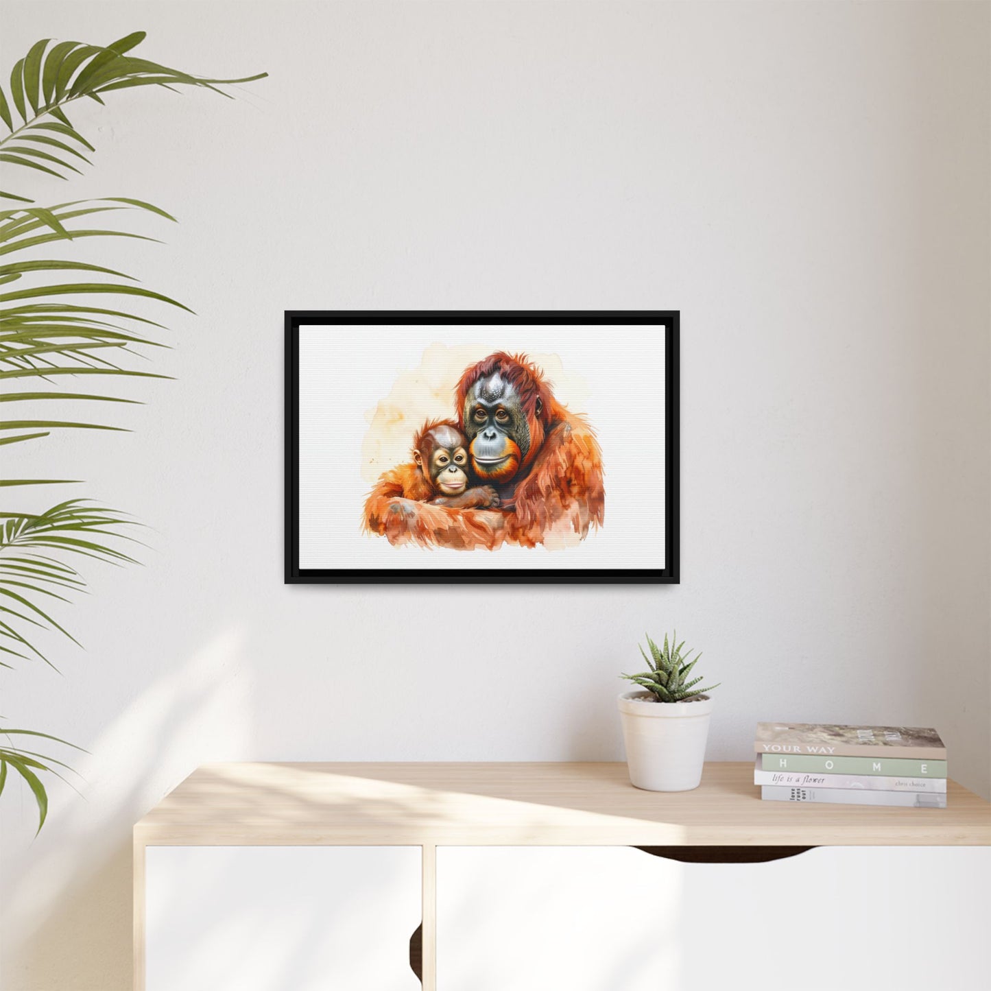 Orangutan and Baby Watercolor - Framed Canvas