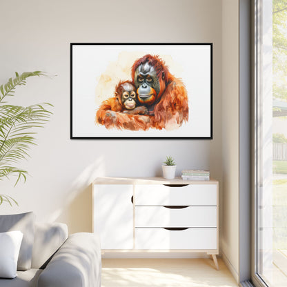Orangutan and Baby Watercolor - Framed Canvas