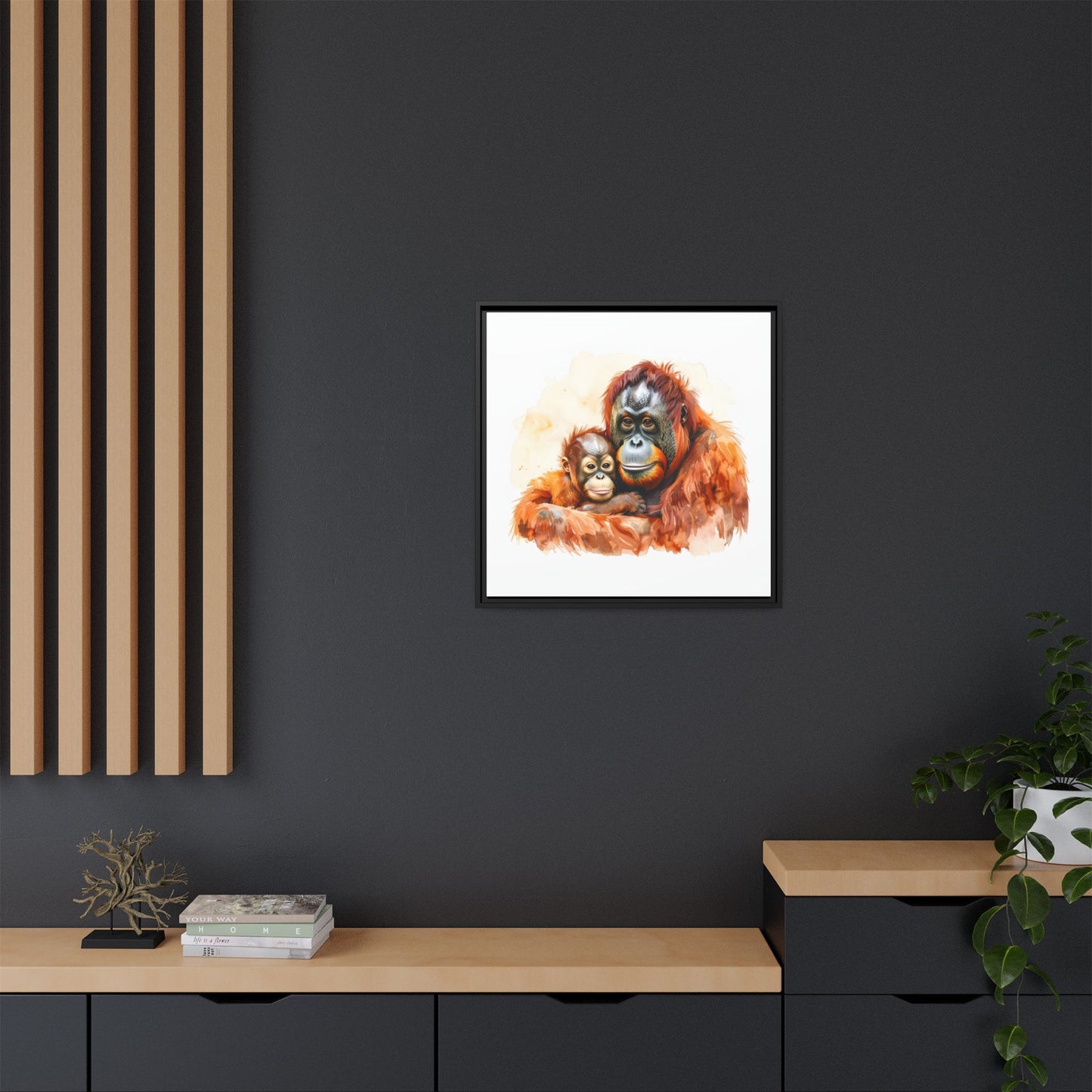 Orangutan and Baby Watercolor - Framed Canvas