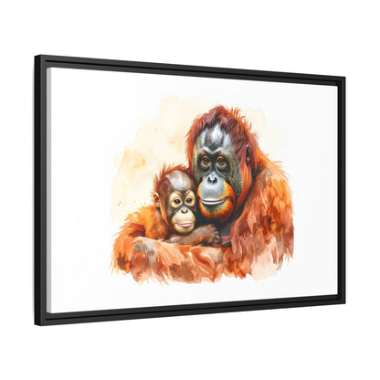 Orangutan and Baby Watercolor - Framed Canvas
