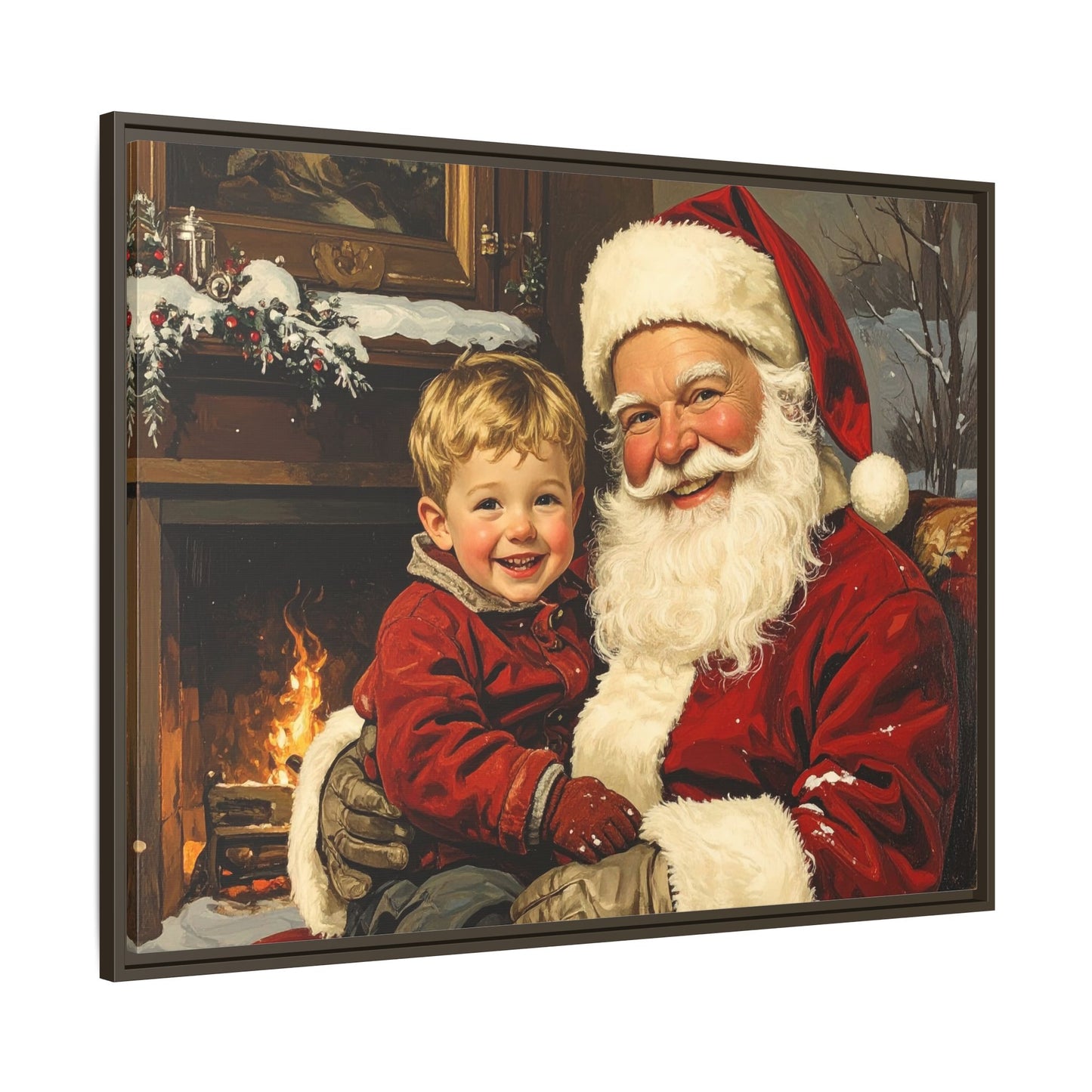Vintage Santa with Little Boy - Framed Canvas