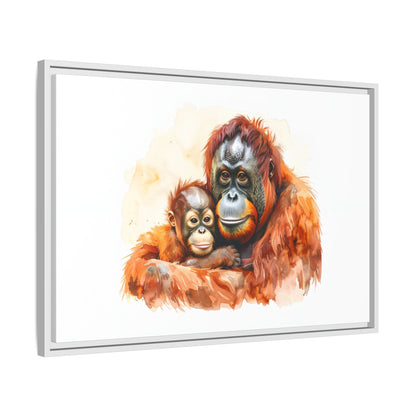 Orangutan and Baby Watercolor - Framed Canvas