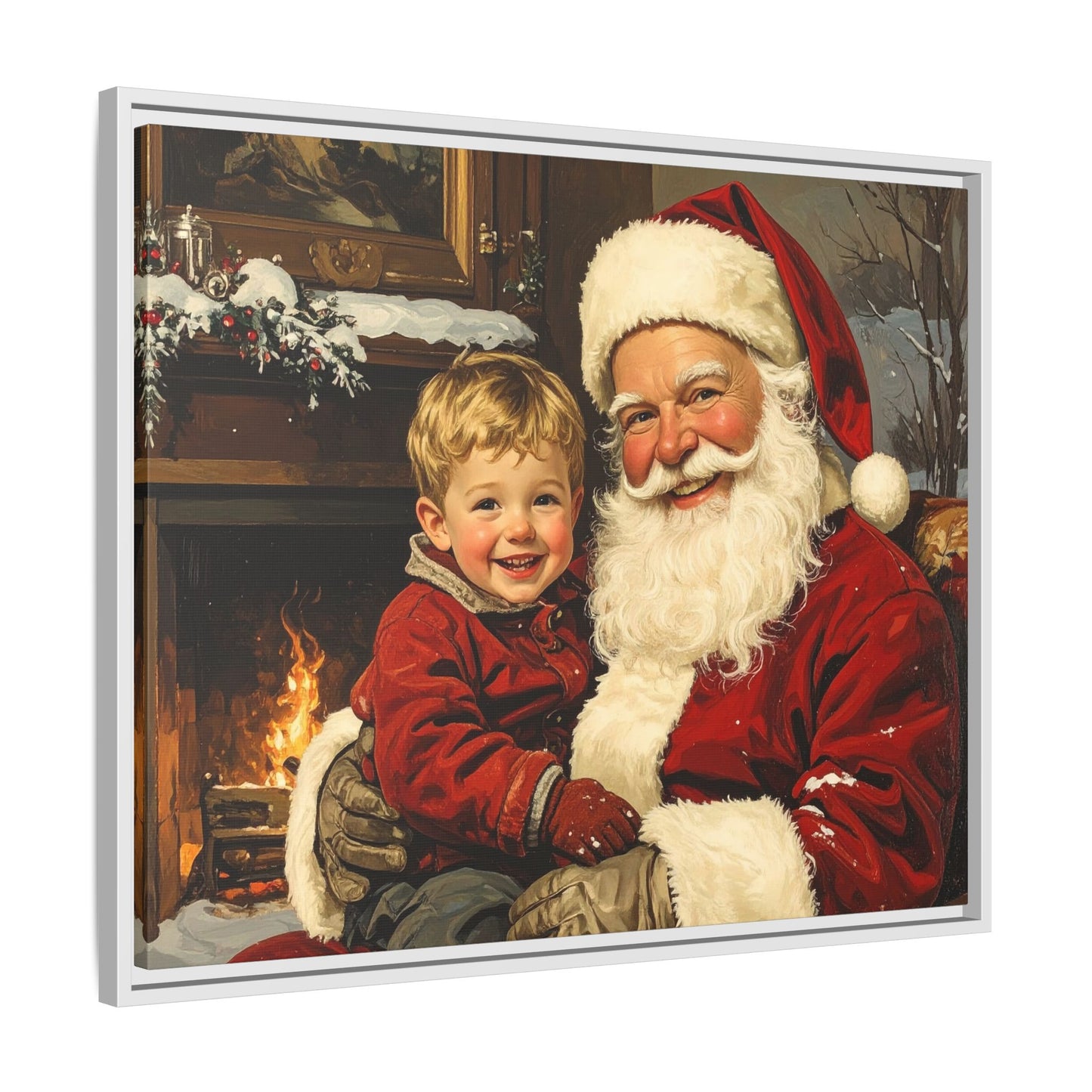 Vintage Santa with Little Boy - Framed Canvas