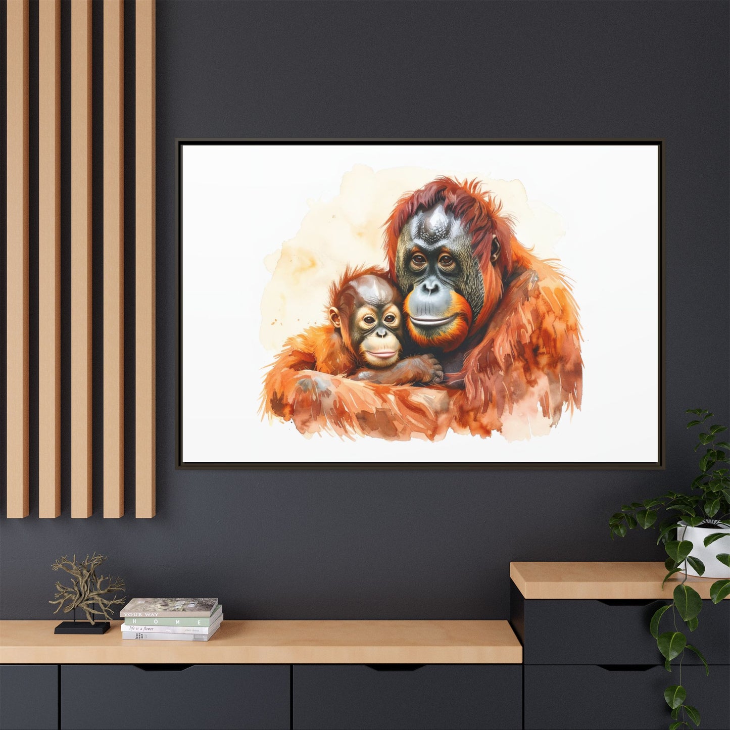 Orangutan and Baby Watercolor - Framed Canvas