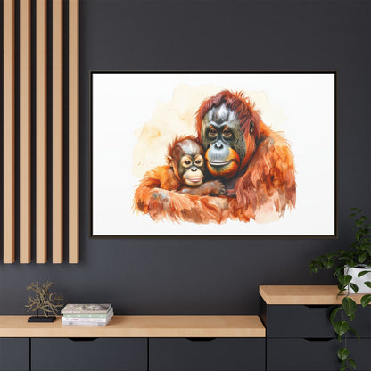 Orangutan and Baby Watercolor - Framed Canvas