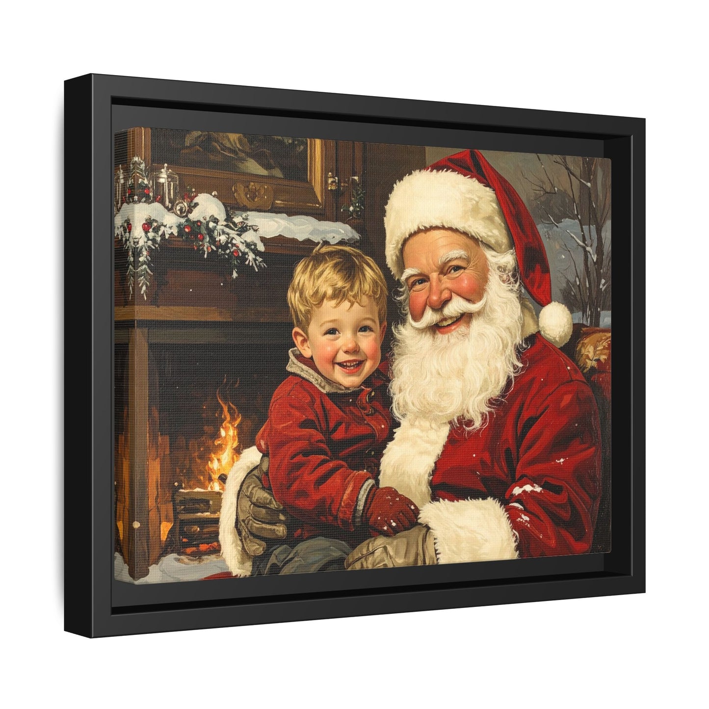 Vintage Santa with Little Boy - Framed Canvas
