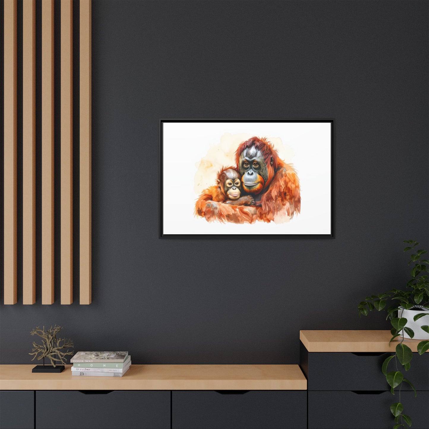 Orangutan and Baby Watercolor - Framed Canvas