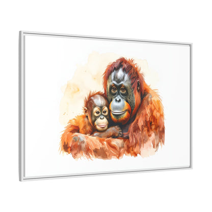 Orangutan and Baby Watercolor - Framed Canvas
